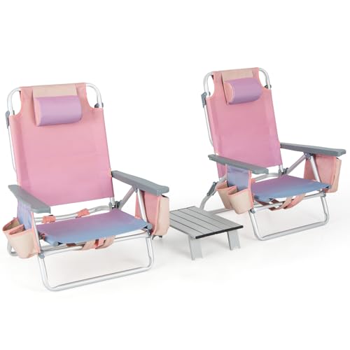 Goplus Backpack Beach Chairs, 3 Pcs Portable Camping Chairs with Table, Cool Bag and Cup Holder, 5-Position Outdoor Reclining Chairs for Sunbathing, Fishing, Travelling(Pink-Purple, with Side Table)