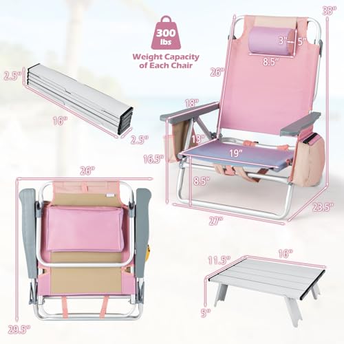 Goplus Backpack Beach Chairs, 3 Pcs Portable Camping Chairs with Table, Cool Bag and Cup Holder, 5-Position Outdoor Reclining Chairs for Sunbathing, Fishing, Travelling(Pink-Purple, with Side Table)