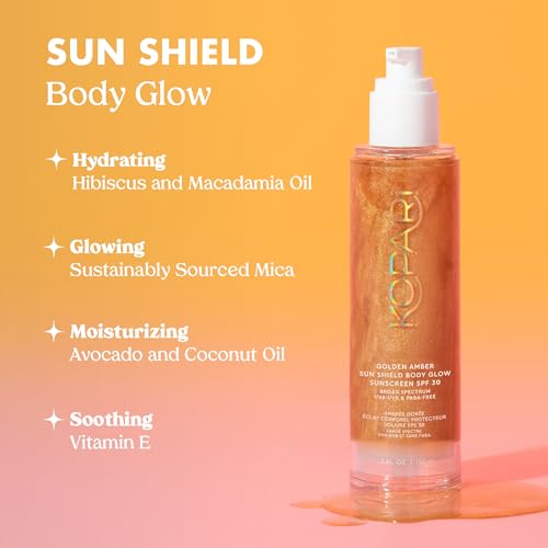 Kopari Sun Shield Body Glow - SPF 30 UV Protection Sheer Sunscreen Golden Amber - Sweat and Water Resistant - Antioxidant Vitamin E Vegan Cruelty Free - Macadamia Hibiscus Avocado Coconut Oils 5oz