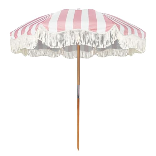AMMSUN Beach Umbrella with Fringe, 6.5ft Boho Umbrella with Premium Wood Pole & Carry Bag, UPF 50+ Fringe Umbrella for Outdoor Holiday, Gentle Pink