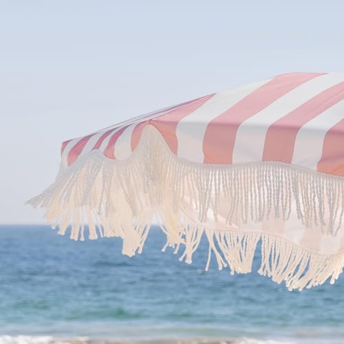 AMMSUN Beach Umbrella with Fringe, 6.5ft Boho Umbrella with Premium Wood Pole & Carry Bag, UPF 50+ Fringe Umbrella for Outdoor Holiday, Gentle Pink