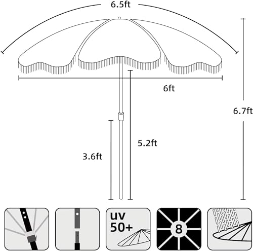 AMMSUN Beach Umbrella with Fringe, 6.5ft Boho Umbrella with Premium Wood Pole & Carry Bag, UPF 50+ Fringe Umbrella for Outdoor Holiday, Gentle Pink