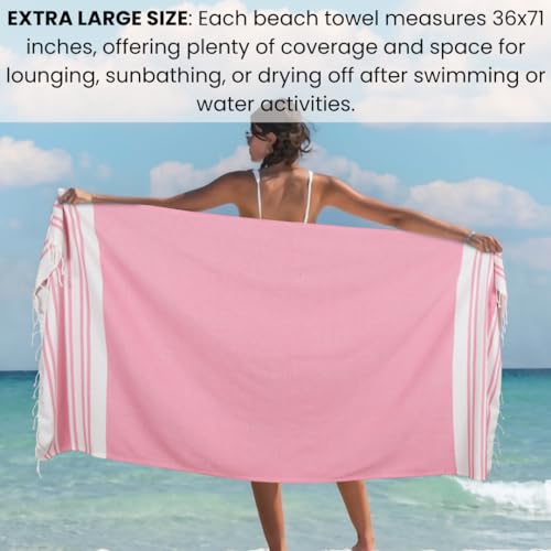 Set of 6 Beach Towels Turkish Peshtemal 100% Cotton Extra Large 36x71 - Travel Gym Pool Spa Blanket Beach Bath Towels - Ultra Soft Quick Dry Absorbent Sand free Beach Towels Pink