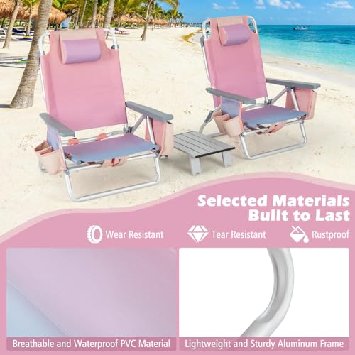 Goplus Backpack Beach Chairs, 3 Pcs Portable Camping Chairs with Table, Cool Bag and Cup Holder, 5-Position Outdoor Reclining Chairs for Sunbathing, Fishing, Travelling(Pink-Purple, with Side Table)