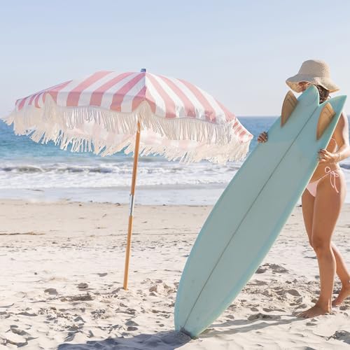 AMMSUN Beach Umbrella with Fringe, 6.5ft Boho Umbrella with Premium Wood Pole & Carry Bag, UPF 50+ Fringe Umbrella for Outdoor Holiday, Gentle Pink