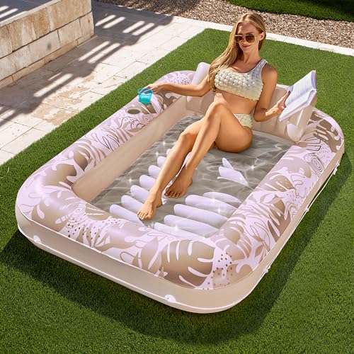 Sloosh Inflatable Tanning Pool Lounger Float for Adults, 70" x 46" Large Suntan Tub Pool Floats Sun Tan Tub Ice Bath Tub Tanning Bed Blow up Pool Raft Lounge Floatie, L-Oatmeal White