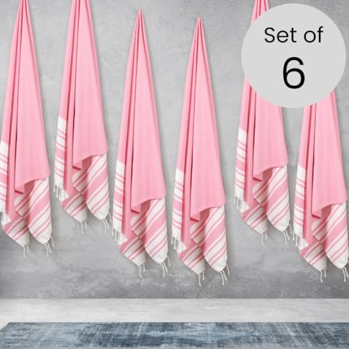Set of 6 Beach Towels Turkish Peshtemal 100% Cotton Extra Large 36x71 - Travel Gym Pool Spa Blanket Beach Bath Towels - Ultra Soft Quick Dry Absorbent Sand free Beach Towels Pink