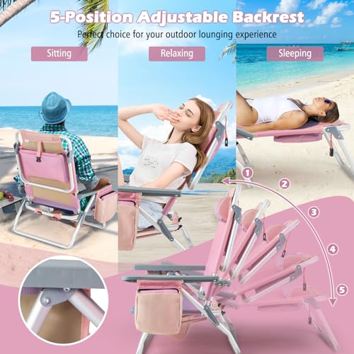 Goplus Backpack Beach Chairs, 3 Pcs Portable Camping Chairs with Table, Cool Bag and Cup Holder, 5-Position Outdoor Reclining Chairs for Sunbathing, Fishing, Travelling(Pink-Purple, with Side Table)