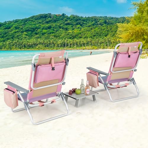 Goplus Backpack Beach Chairs, 3 Pcs Portable Camping Chairs with Table, Cool Bag and Cup Holder, 5-Position Outdoor Reclining Chairs for Sunbathing, Fishing, Travelling(Pink-Purple, with Side Table)
