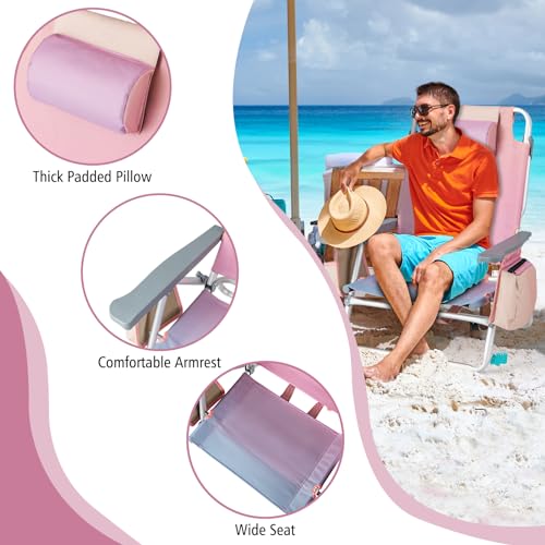 Goplus Backpack Beach Chairs, 3 Pcs Portable Camping Chairs with Table, Cool Bag and Cup Holder, 5-Position Outdoor Reclining Chairs for Sunbathing, Fishing, Travelling(Pink-Purple, with Side Table)
