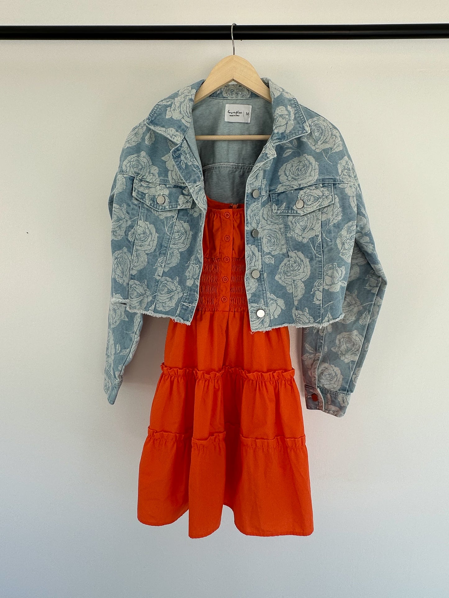Cropped Rose Design Denim Jacket