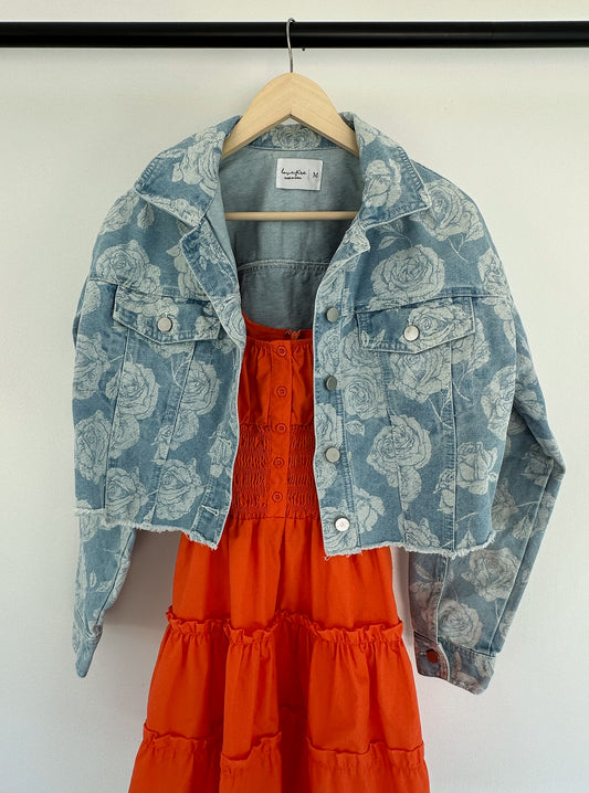 Cropped Rose Design Denim Jacket